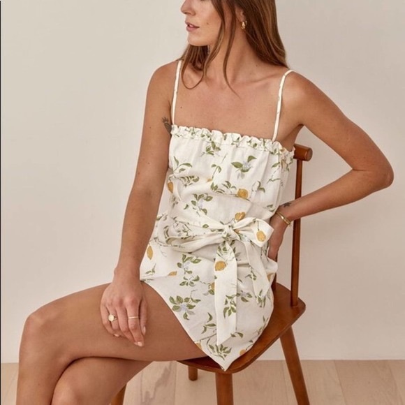 Reformation Ama Linen mini dress in Citron lemon print - Picture 6 of 6